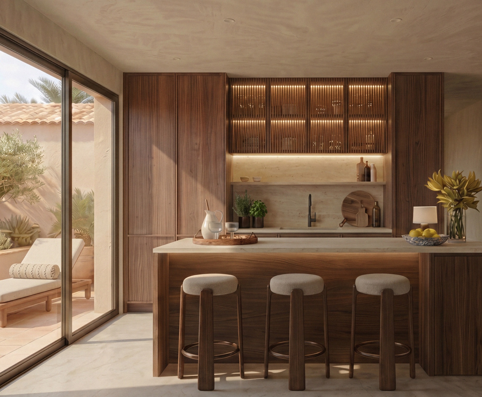 Sunlit Palma residence kitchen with walnut cabinetry and courtyard view